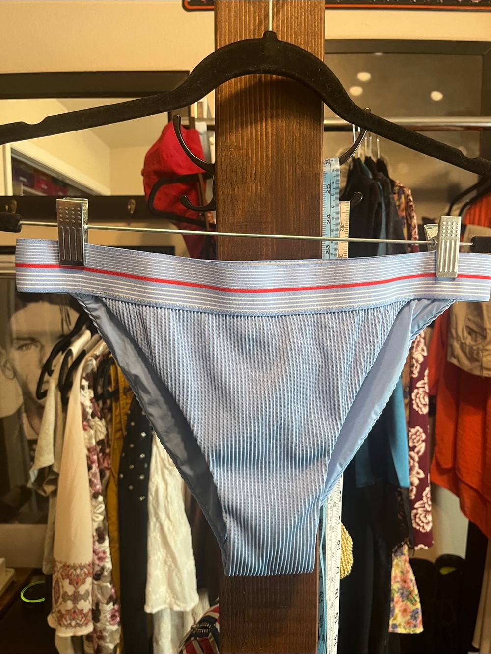 Dolce Vita Light Blue Ribbed Bikini Bottom with Red-Trim Waistband